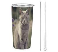 HETVBNS Bicchiere in acciaio inox da 590 ml, con cannuccia e coperchio, gatto grigio nel campo di fiori, tazza da caffè isolata sottovuoto, a prova di perdite, tazza da viaggio per auto