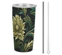 HETVBNS Bicchiere in acciaio inox da 590 ml, con cannuccia e coperchio, stile verde scuro e verde, tazza da caffè isolata sottovuoto, a tenuta stagna, tazza da viaggio per auto