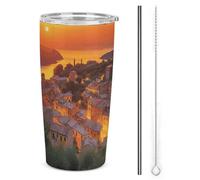HETVBNS Bicchiere in acciaio inox da 590 ml, con cannuccia e coperchio, tazza da caffè isolata sottovuoto con tramonto italiano, tazza da viaggio per auto