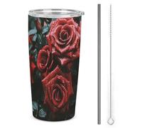 HETVBNS Bicchiere in acciaio inox da 590 ml, con cannuccia e coperchio, tazza da caffè isolata sottovuoto con rosa rossa e nera, a tenuta stagna, per auto