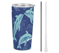 HETVBNS Bicchiere in acciaio inox da 590 ml con cannuccia e coperchio, tazza da caffè isolata sottovuoto a forma di delfino, tazza da viaggio per auto