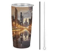 HETVBNS Chicago - Bicchiere in acciaio inox da 590 ml, con cannuccia e coperchio, tazza da caffè isolata sottovuoto, a tenuta stagna, per auto