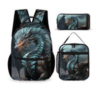 HETVBNS Cool Dragon - Set di 3 pezzi, zaino resistente e isolato, borsa per il pranzo, astuccio portatile per uomini e donne