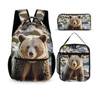 HETVBNS Encounter - Set di 3 zaini con orso animale, zaino resistente, borsa termica per il pranzo, astuccio portatile per uomini e donne