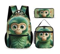 HETVBNS Green Clever Monkey Set di 3 pezzi, zaino resistente, borsa termica per il pranzo, astuccio portatile, per uomini e donne