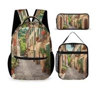 HETVBNS Italy Street - Set di 3 pezzi, zaino resistente e isolato, borsa per il pranzo, astuccio portatile per uomini e donne