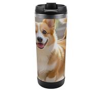 HETVBNS Playful Corgi - Bicchiere da caffè portatile in acciaio inox con coperchio, a prova di perdite, da viaggio, per bevande calde/fredde, palestra e ufficio