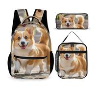 HETVBNS Playful Corgi, set di 3 pezzi, zaino resistente e isolato, borsa per il pranzo, astuccio portatile per uomini e donne