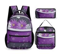 HETVBNS Set da 3 pezzi, zaino viola per vasca da bagno e margherita, zaino resistente, borsa termica per il pranzo, astuccio portatile per uomini e donne