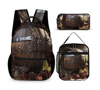 HETVBNS Set di 3 zaini a botte di vino rosso, zaino resistente, borsa termica per il pranzo, astuccio portatile per uomini e donne