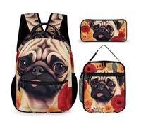 HETVBNS Set di 3 zaini a forma di carlino, zaino resistente e isolato, borsa per il pranzo, astuccio portatile per uomini e donne