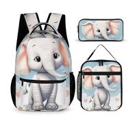 HETVBNS Set di 3 zaini a forma di elefante carino, zaino resistente e isolato, astuccio portatile per uomini e donne