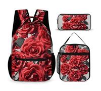 HETVBNS Set di 3 zaini a grappolo di rose rosse, zaino resistente, borsa termica per il pranzo, astuccio portatile per uomini e donne