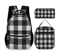 HETVBNS Set di 3 zaini a quadri bianchi e neri, resistenti, borsa termica per il pranzo, astuccio portatile per uomini e donne