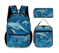 HETVBNS Set di 3 zaini blu con delfini, zaino resistente, borsa termica per il pranzo, astuccio portatile per uomini e donne