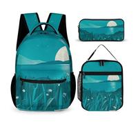 HETVBNS Set di 3 zaini blu foglia di tè, zaino resistente e isolato, borsa per il pranzo, astuccio portatile per uomini e donne