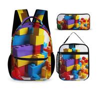 HETVBNS Set di 3 zaini colorati con blocchi da costruzione, zaino resistente e isolato, astuccio portatile per uomini e donne