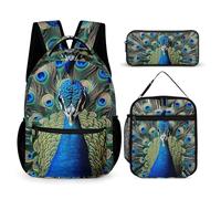 HETVBNS Set di 3 zaini colorati con piume di pavone, zaino resistente e isolato per il pranzo, astuccio portatile per uomini e donne