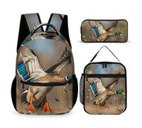 HETVBNS Set di 3 zaini con anatre selvatiche e albero, zaino resistente, borsa termica per il pranzo, astuccio portatile per uomini e donne