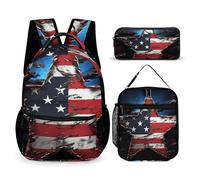 HETVBNS Set di 3 zaini con bandiera e stelle, borsa termica per il pranzo, astuccio portatile per uomini e donne