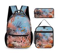 HETVBNS Set di 3 zaini con barriera corallina, zaino resistente, borsa termica per il pranzo, astuccio portatile per uomini e donne