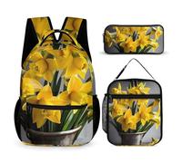 HETVBNS Set di 3 zaini con bouquet di narcisi, zaino resistente, borsa termica per il pranzo, astuccio portatile per uomini e donne