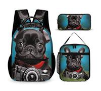HETVBNS Set di 3 zaini con bulldog francese con fotocamera, zaino resistente, borsa termica per il pranzo, astuccio portatile per uomini e donne