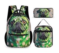 HETVBNS Set di 3 zaini con carlino verde a pois, resistente, borsa termica per il pranzo, astuccio portatile per uomini e donne