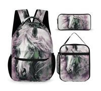 HETVBNS Set di 3 zaini con cavalli verdi, zaino resistente e isolato, astuccio portatile per uomini e donne