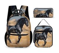 HETVBNS Set di 3 zaini con cavallo arabo nero, zaino resistente e isolato, astuccio portatile per il pranzo, per uomini e donne