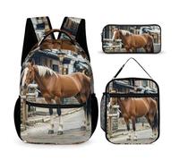 HETVBNS Set di 3 zaini con cavallo in strada, zaino resistente e isolato, astuccio portatile per uomini e donne