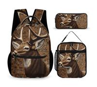 HETVBNS Set di 3 zaini con cervo su sfondo marrone, zaino resistente e isolato, astuccio portatile per uomini e donne
