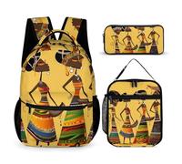 HETVBNS Set di 3 zaini con cultura africana creativa, zaino resistente, borsa termica per il pranzo, astuccio portatile per uomini e donne