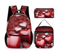 HETVBNS Set di 3 zaini con cuori innamorati di San Valentino, zaino resistente, borsa termica per il pranzo, astuccio portatile per uomini e donne