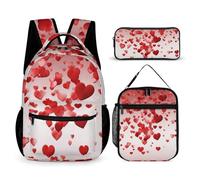 HETVBNS Set di 3 zaini con cuori rossi che cadono, zaino resistente, borsa termica per il pranzo, astuccio portatile per uomini e donne