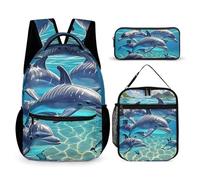 HETVBNS Set di 3 zaini con delfini artistici, zaino resistente e isolato, borsa per il pranzo, astuccio portatile per uomini e donne
