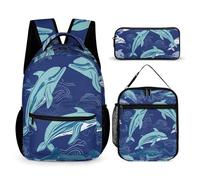 HETVBNS Set di 3 zaini con delfino, zaino resistente e isolato, borsa per il pranzo, astuccio portatile per uomini e donne
