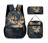 HETVBNS Set di 3 zaini con disegno di un gatto, zaino resistente e isolato, borsa per il pranzo, astuccio portatile per uomini e donne