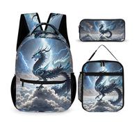 HETVBNS Set di 3 zaini con drago volante, zaino resistente e isolato, astuccio portatile per uomini e donne