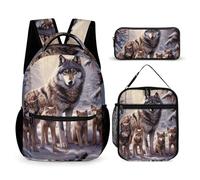 HETVBNS Set di 3 zaini con famiglia di lupi, zaino resistente e isolato, astuccio portatile per uomini e donne