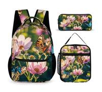 HETVBNS Set di 3 zaini con farfalle e fiori, zaino resistente, borsa termica per il pranzo, astuccio portatile per uomini e donne