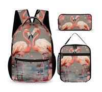 HETVBNS Set di 3 zaini con fenicotteri e fiori, zaino resistente, borsa termica per il pranzo, astuccio portatile per uomini e donne