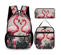 HETVBNS Set di 3 zaini con fenicottero e uccelli sullo sfondo, zaino resistente e isolato, astuccio portatile per uomini e donne