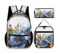 HETVBNS Set di 3 zaini con fiori blu e libellula, zaino resistente, borsa termica per il pranzo, astuccio portatile per uomini e donne