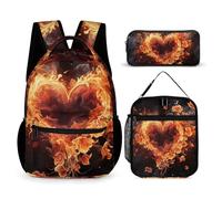 HETVBNS Set di 3 zaini con fiori di fuoco e cuore, zaino resistente, borsa termica per il pranzo, astuccio portatile per uomini e donne
