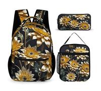 HETVBNS Set di 3 zaini con fiori dorati su sfondo nero, resistente, borsa termica per il pranzo, astuccio portatile per uomini e donne