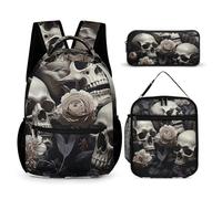 HETVBNS Set di 3 zaini con fiori e teschi, colore bianco e nero, zaino resistente e isolato, astuccio portatile per uomini e donne