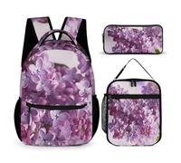 HETVBNS Set di 3 zaini con fiori lilla, zaino resistente e isolato, astuccio portatile per uomini e donne