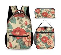 HETVBNS Set di 3 zaini con fiori retrò, zaino resistente, borsa termica per il pranzo, astuccio portatile per uomini e donne