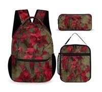 HETVBNS Set di 3 zaini con fiori rossi, zaino resistente, borsa termica per il pranzo, astuccio portatile per uomini e donne